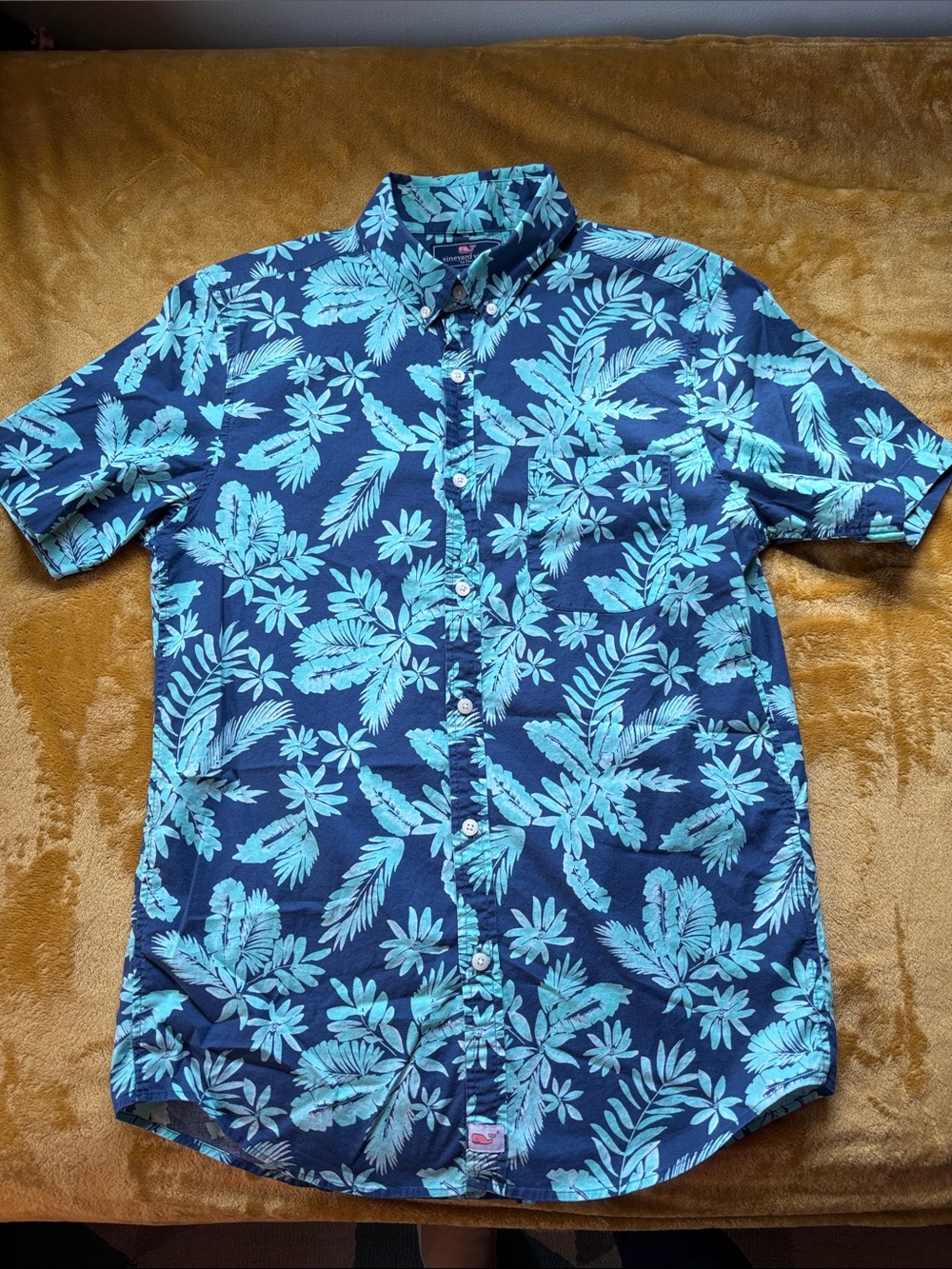 Vineyard Vines Navy Button-Down with Aqua Tropical Print